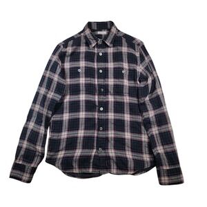 EDIFICE Men's Button Up Plaid‎ Shirt Sz 38 Small Navy Red Preppy Made in Japan